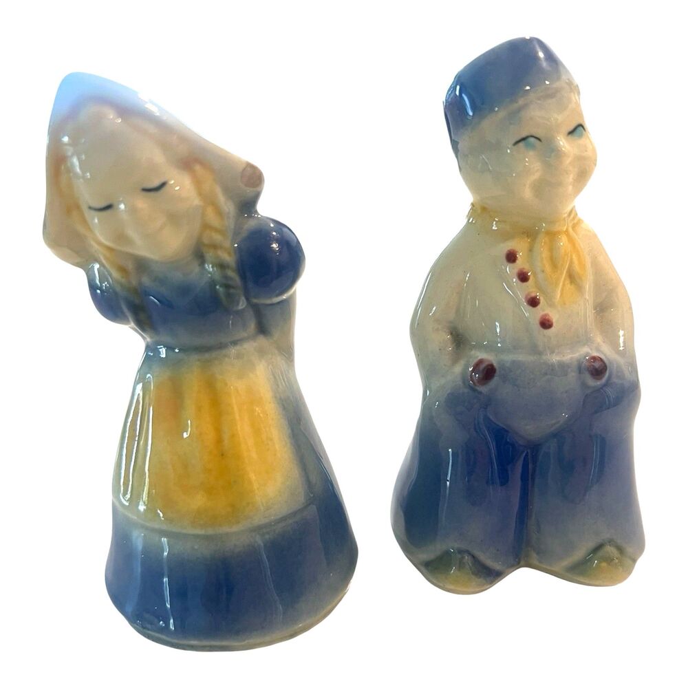 Vintage Dutch Boy Girl Salt Pepper Shakers Blue Yellow Ceramic 4.5” USA